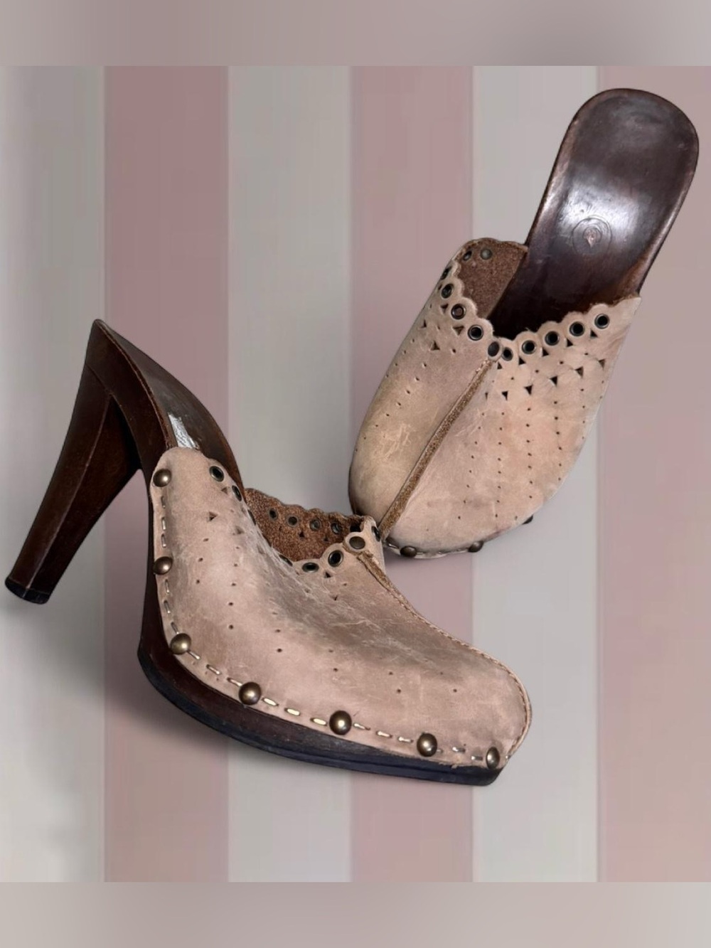 Vintage Y2K Tan Clog Heels with Studded Trim